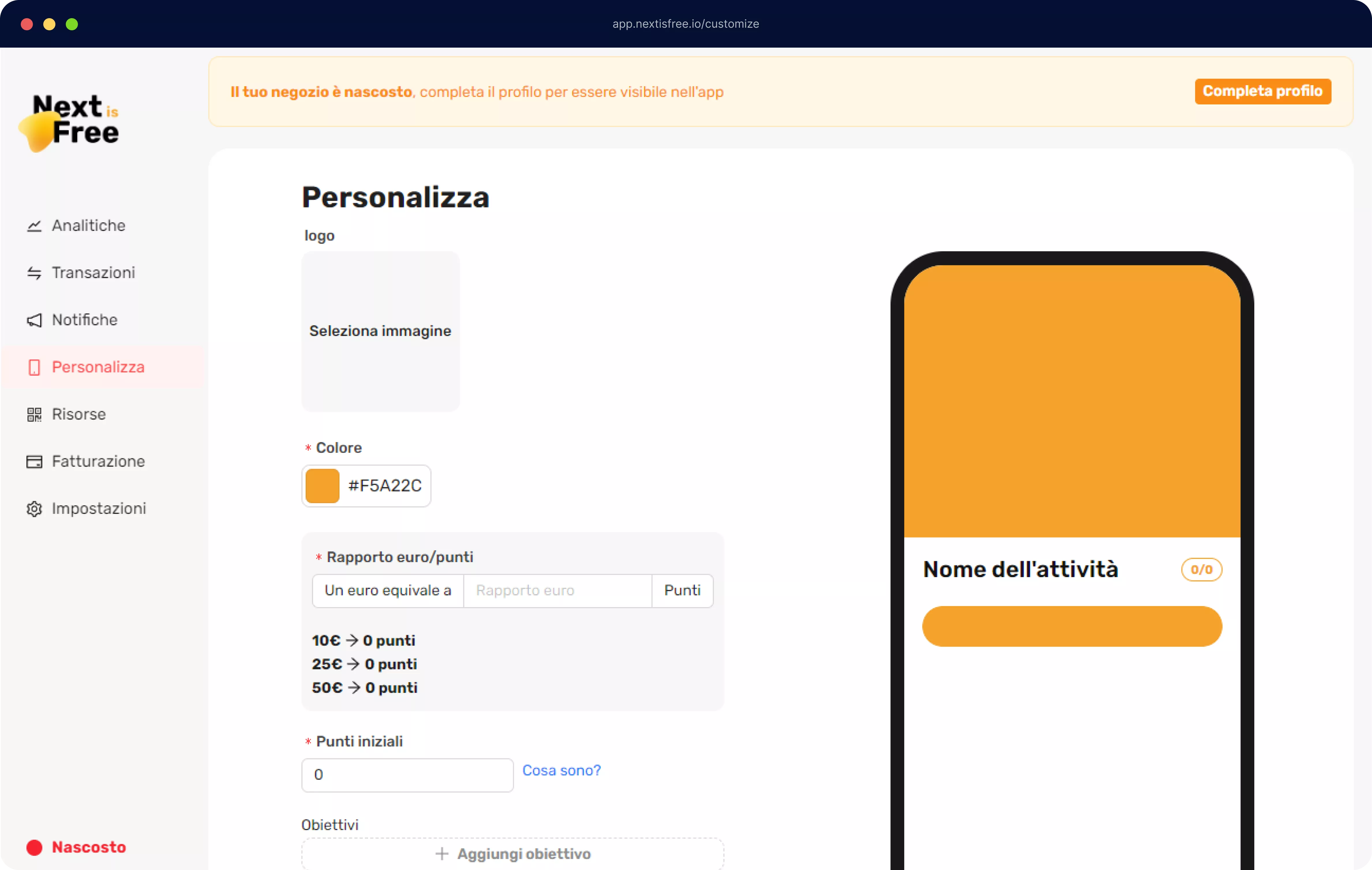 Pagina di personalizzazione dalla dashboard di Next is Free