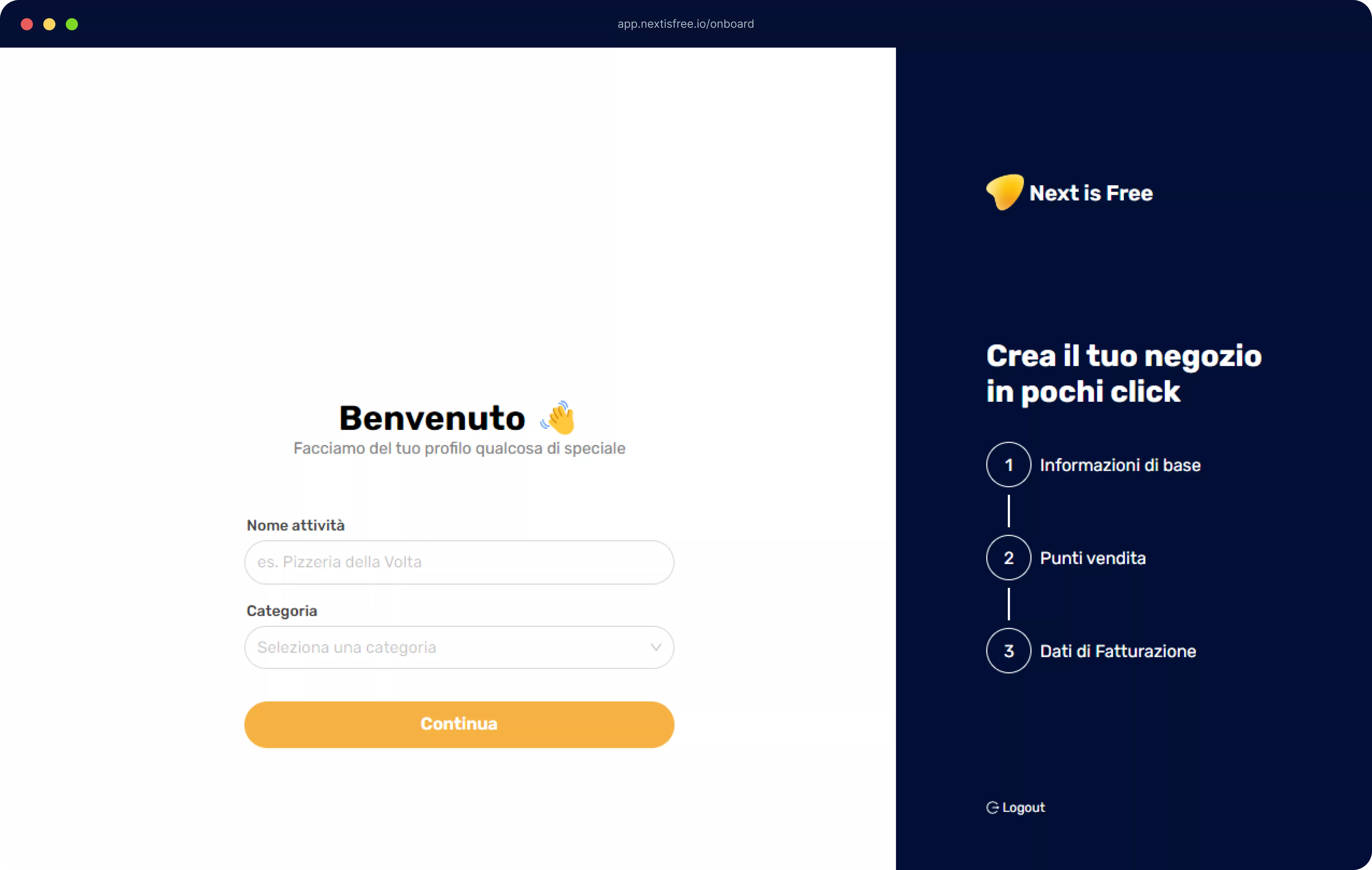 screen della sezione di registrazione su Next is Free