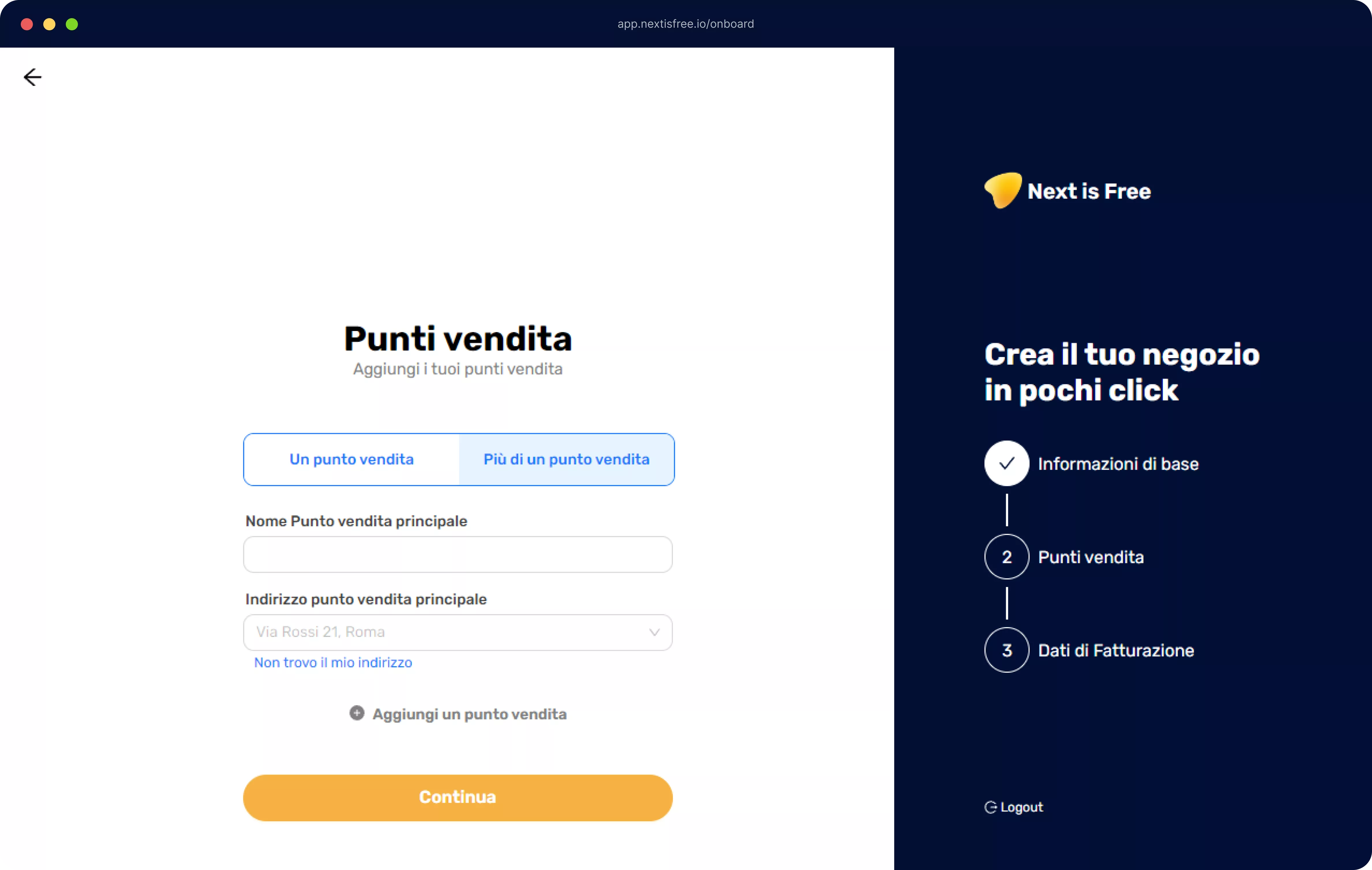 screen dell'inserimento del punto vendita aggiuntivo di Next is Free