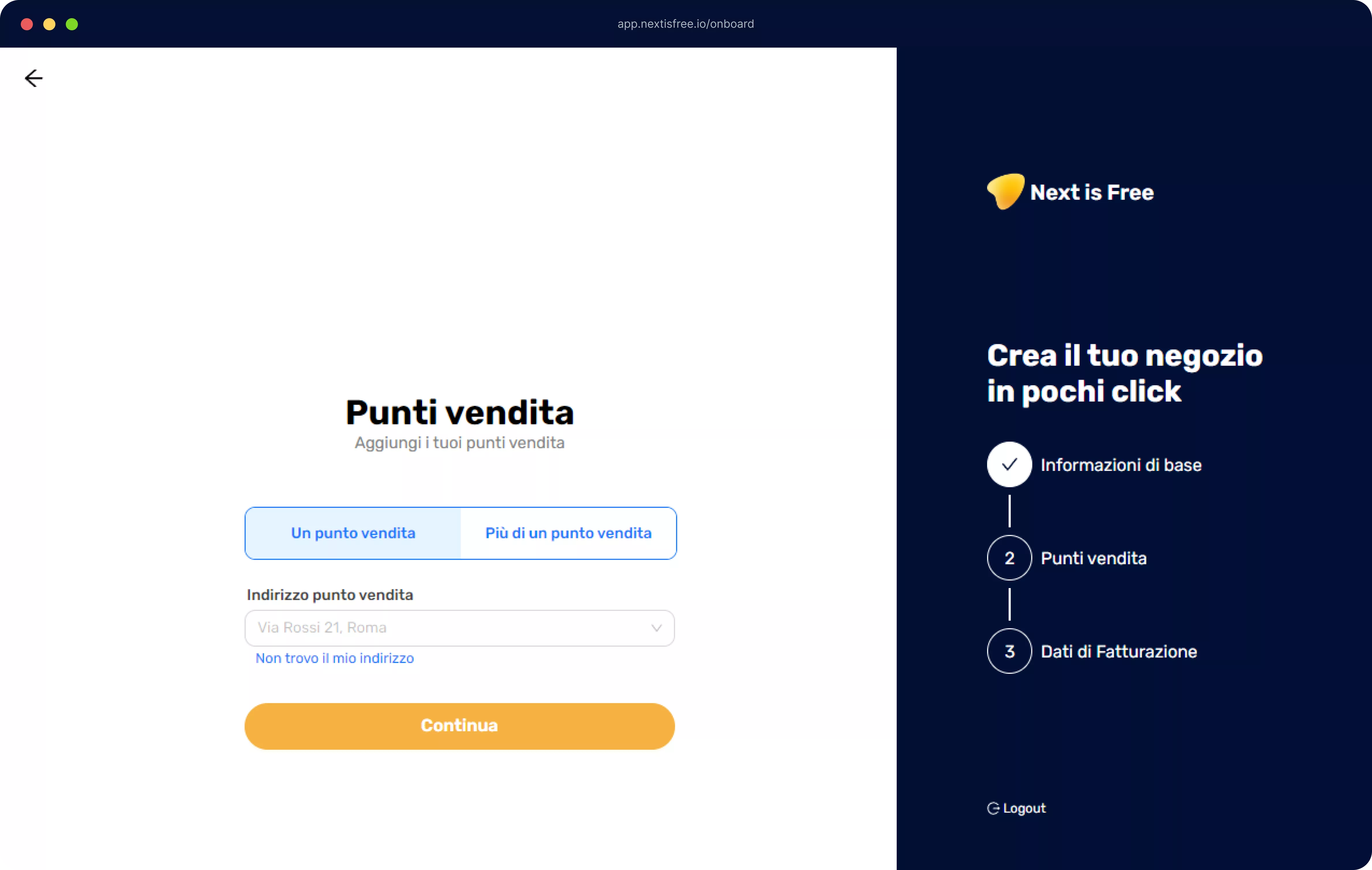 screen dell'inserimento del punto vendita principale di Next is Free