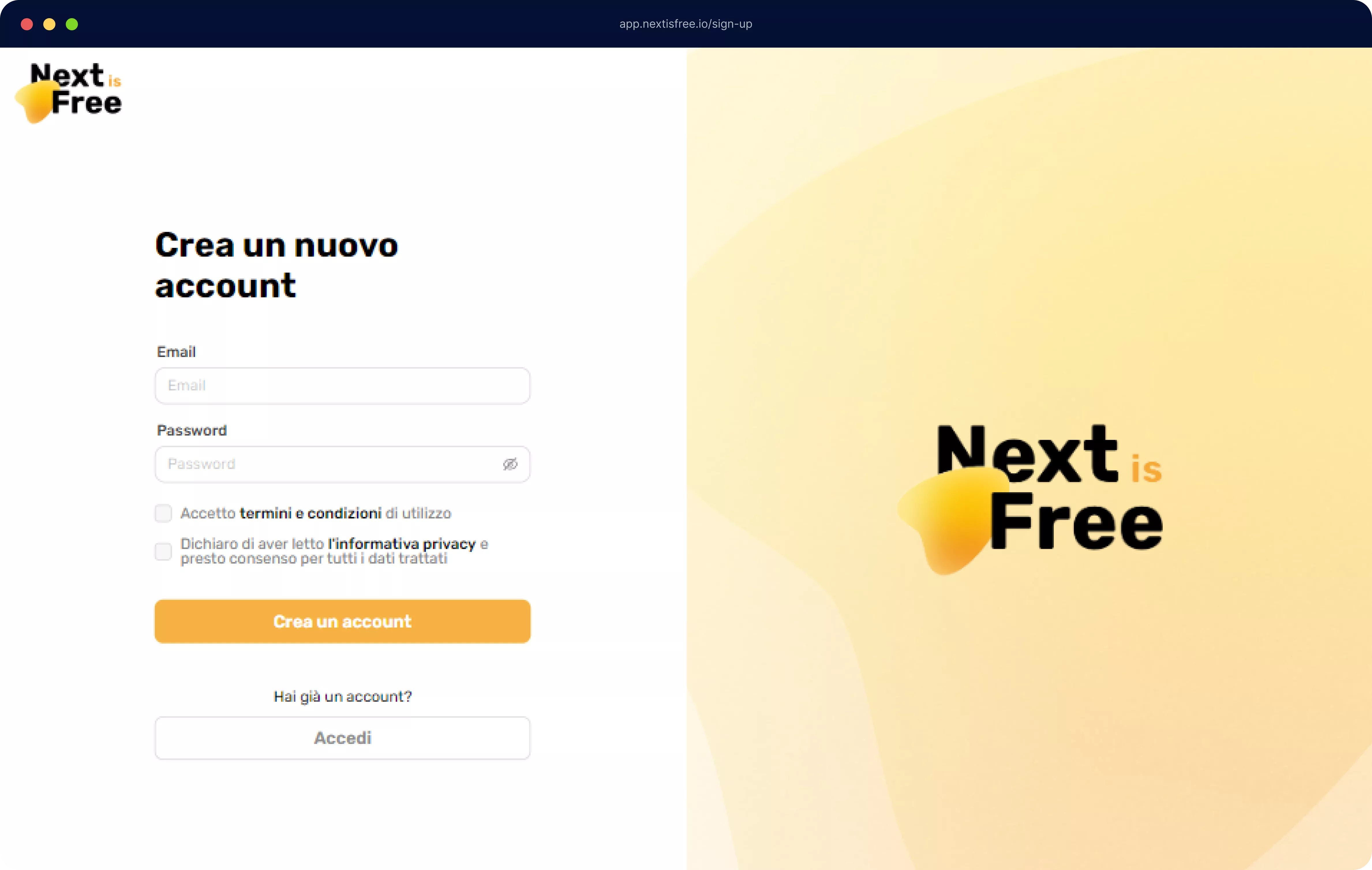 Pagina di registrazione a Next is Free